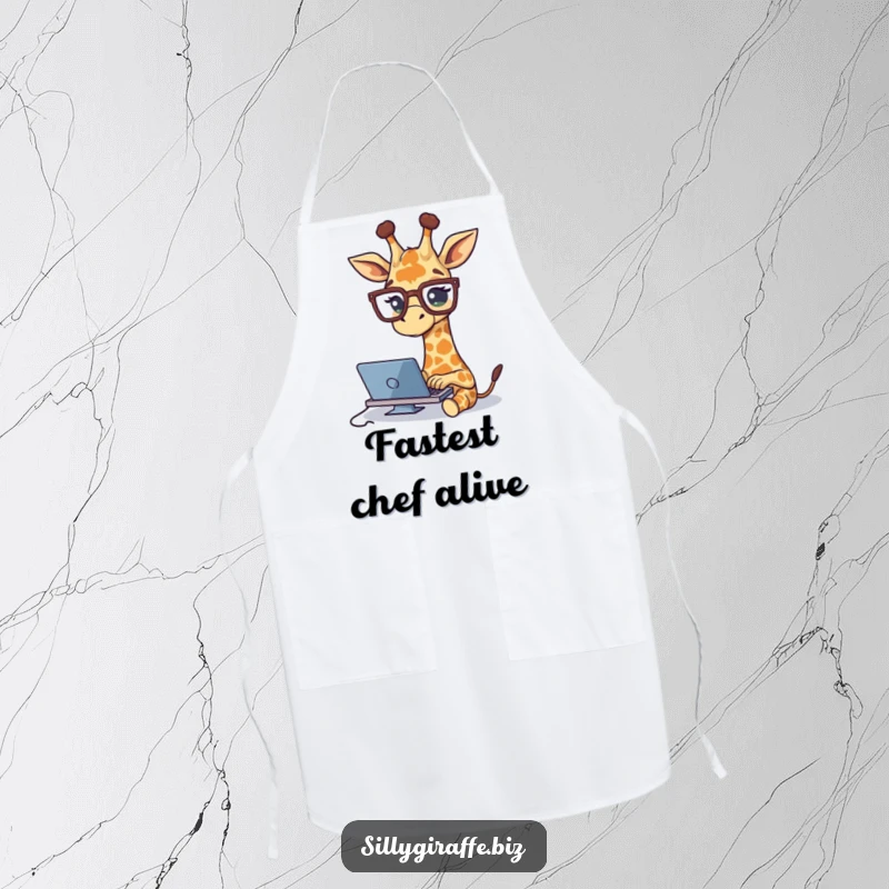 Funny apron with a cute giraffe wearing glasses, typing, ready for kitchen tasks, adding a humorous element to cooking attire.