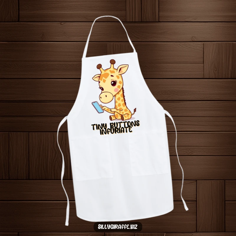 Funny apron with an adorable giraffe character comically using a tiny phone, adding a humorous and practical element to kitchen wear.