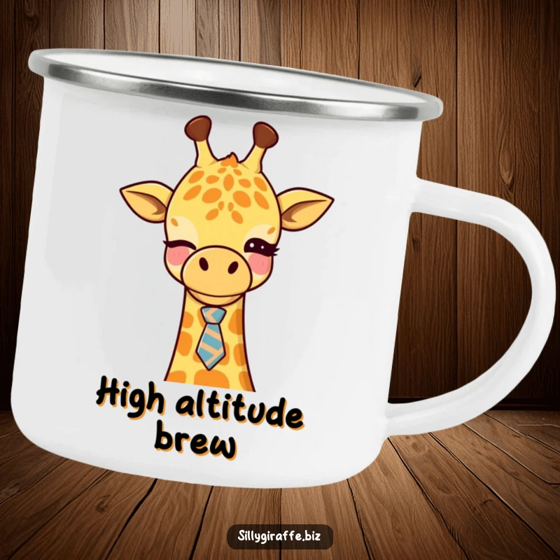 Funny Kawaii Giraffe Camping Mug showing a cute giraffe winking with a tie, designed for outdoor breaks and adding office humor.