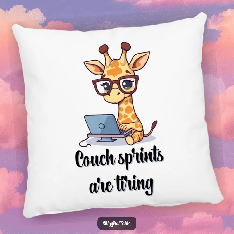 Funny pillow featuring a cute giraffe wearing spectacles and typing, offering humorous comfort and a quirky accent for any seating area.