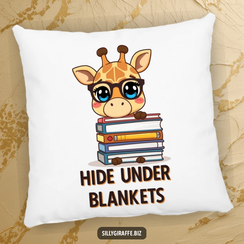 Funny pillow featuring a shy giraffe character hiding behind folders, providing humorous comfort and a quirky decorative touch.