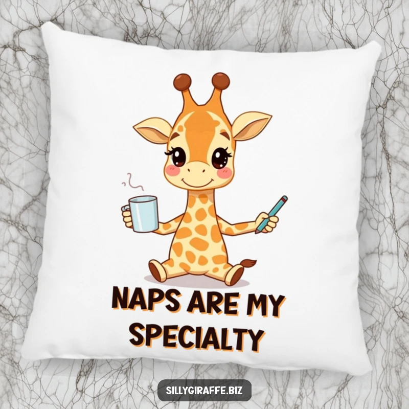 Funny pillow featuring a smiling giraffe character juggling a coffee mug and pen, providing humorous comfort and a quirky decorative touch.