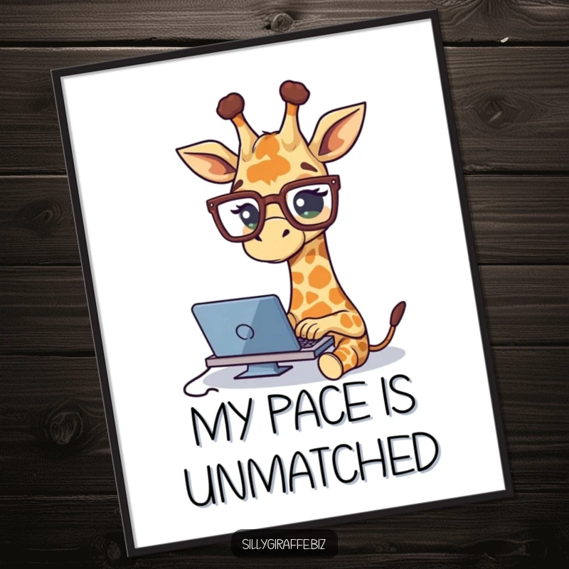 Funny digital art print of a cute giraffe in glasses typing rapidly, perfect for whimsical and humorous home or office wall decoration.