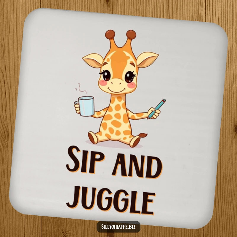 Funny drink coaster featuring a smiling giraffe character juggling a coffee mug and pen, offering humorous protection for surfaces.