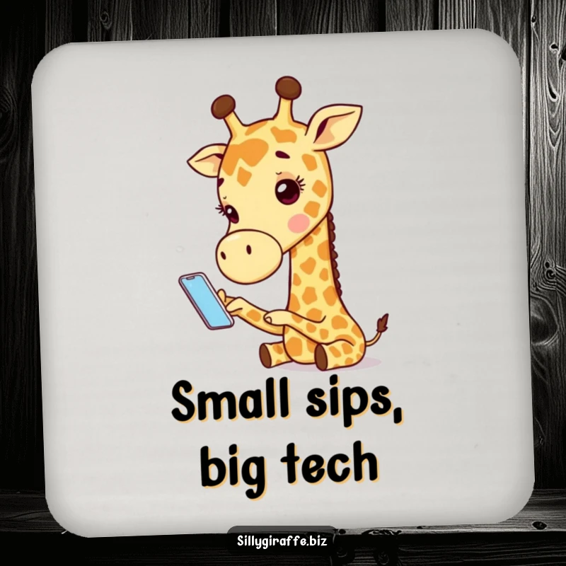 Funny drink coaster featuring an adorable giraffe character comically using a tiny phone, offering humorous protection for surfaces.