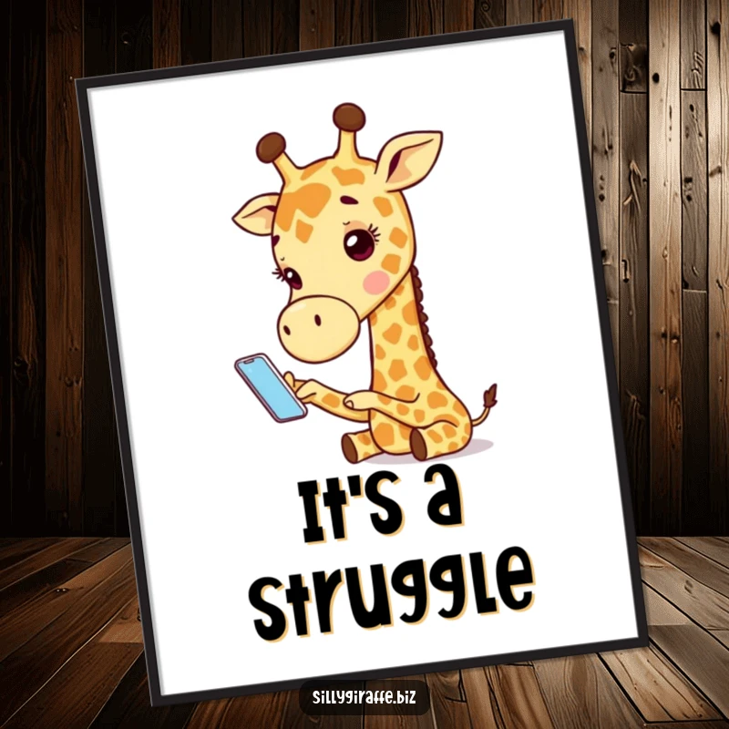 Funny poster of an adorable giraffe character comically trying to operate a tiny phone, adding whimsical and humorous wall decor.