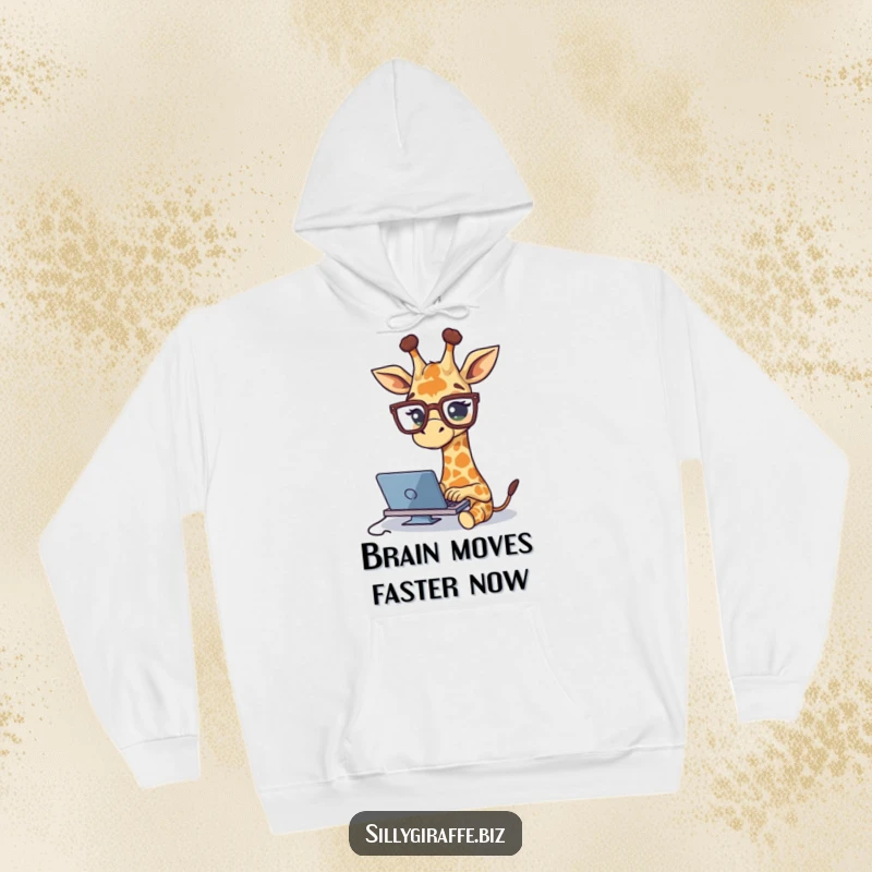 Funny hoodie featuring a cute giraffe in oversized spectacles, diligently typing, embodying a humorous and studious mood for comfortable wear.