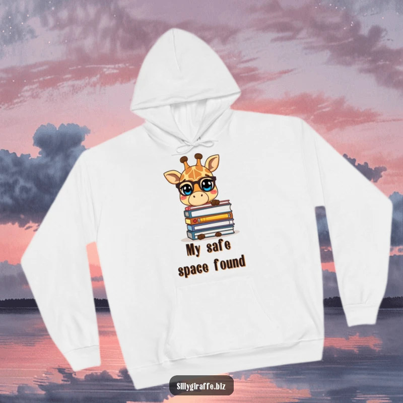Funny hoodie with a shy giraffe character hiding behind a stack of folders, offering humorous comfort and a relatable introvert vibe.