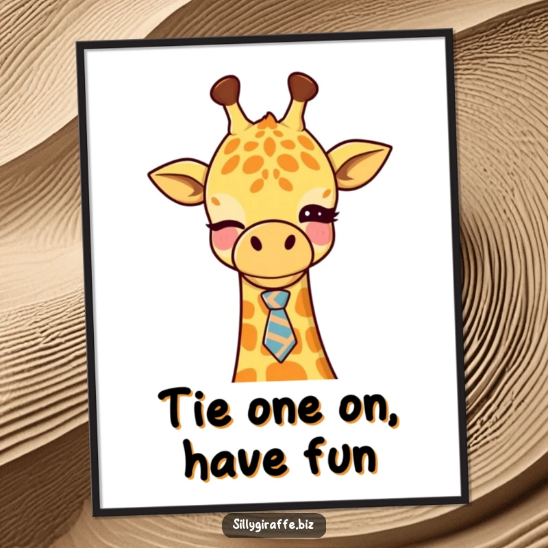Funny free printable wall art: A charming kawaii giraffe winking, casually wearing a tiny, askew office tie.