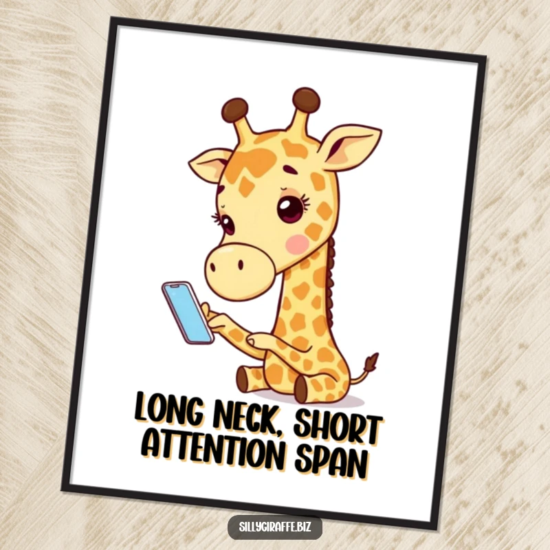Funny Free Printable Wall Art: A giraffe comically trying to use a phone that's way too small for its hooves.