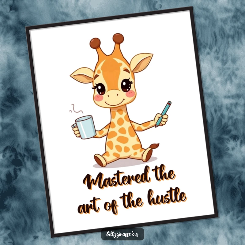 Funny Free Printable Wall Art: A happy giraffe juggling a coffee mug and a pen, representing busy mornings and cheerful multitasking.