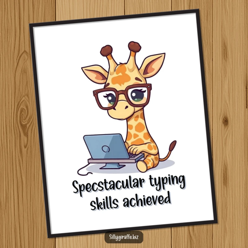 Funny Free Printable Wall Art: A giraffe wearing oversized glasses, typing obsessively at a desk, embodying office humor and productivity.
