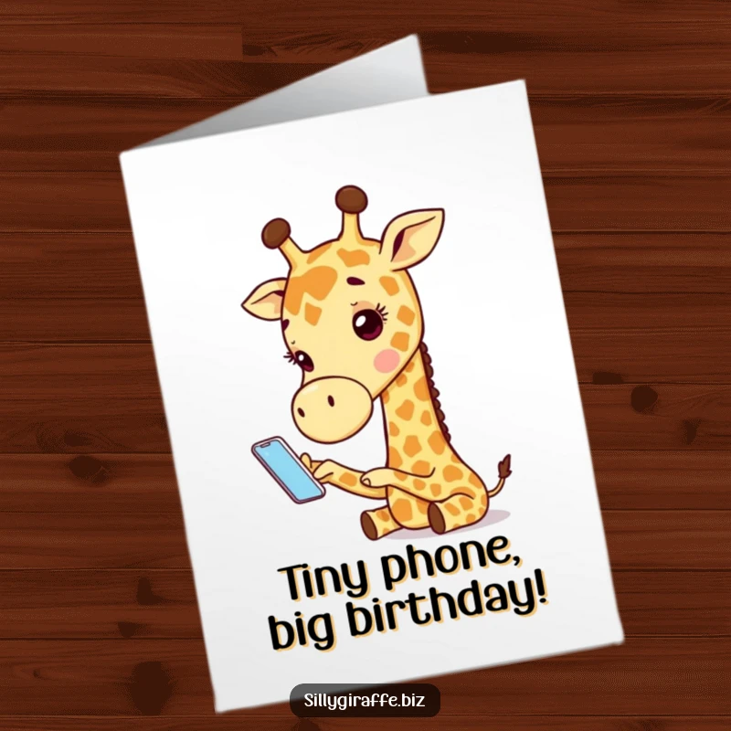 Funny Free Printable Birthday Card: Adorable giraffe struggling to use a comically small smartphone, highlighting modern tech frustrations.