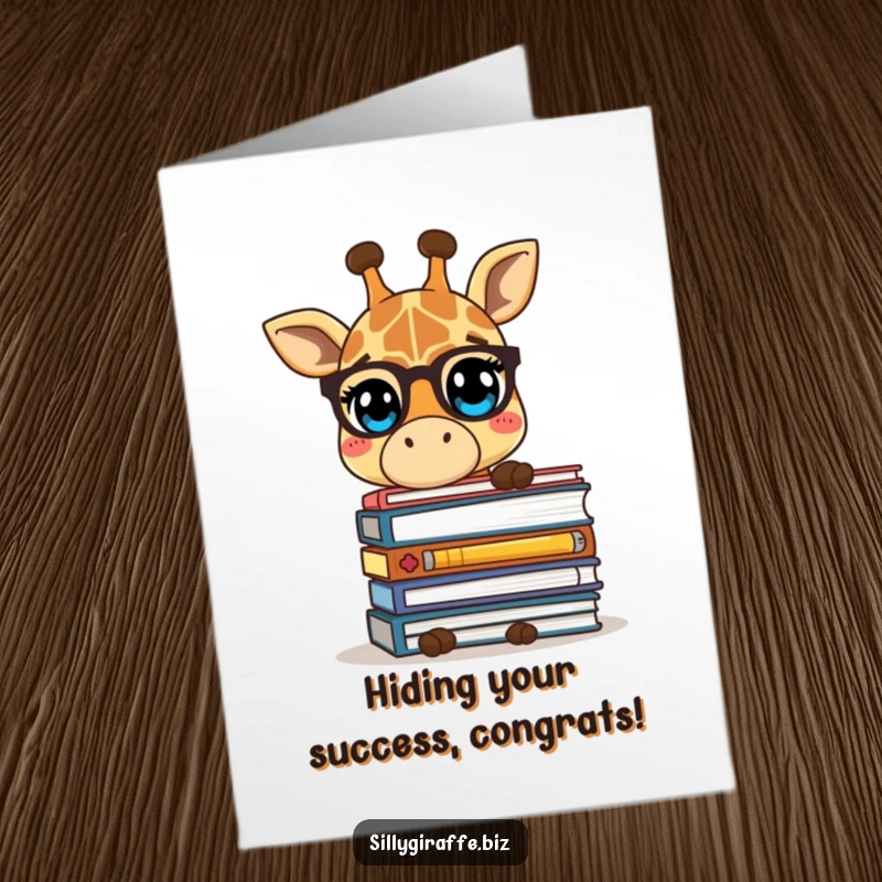 Free Printable Congratulations Card: A bashful giraffe hiding behind a mountain of paperwork, representing humble accomplishments.