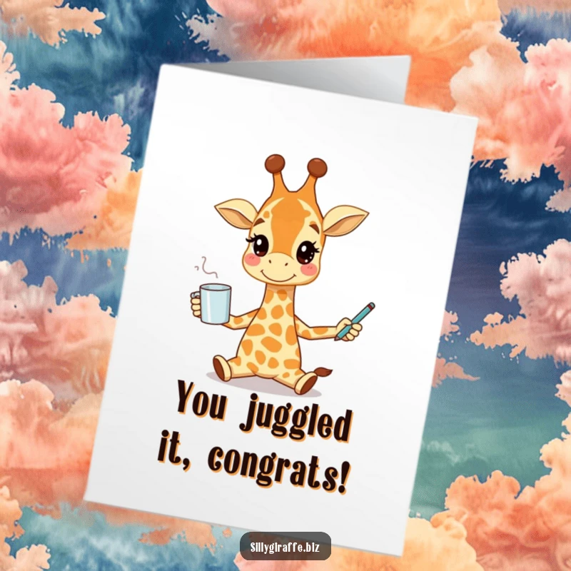 Free Printable Congratulations Card: A cheerful giraffe juggling a coffee mug and pen, symbolizing a successful and busy balancing act.