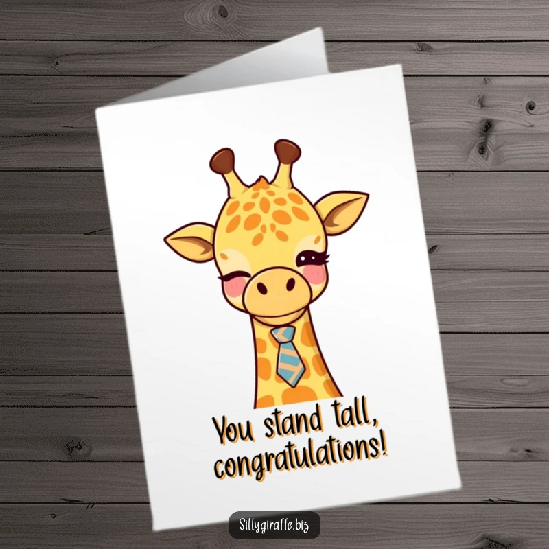 Funny free printable congratulations card: A cute kawaii giraffe winking, wearing a tiny, askew office tie, celebrating achievement.