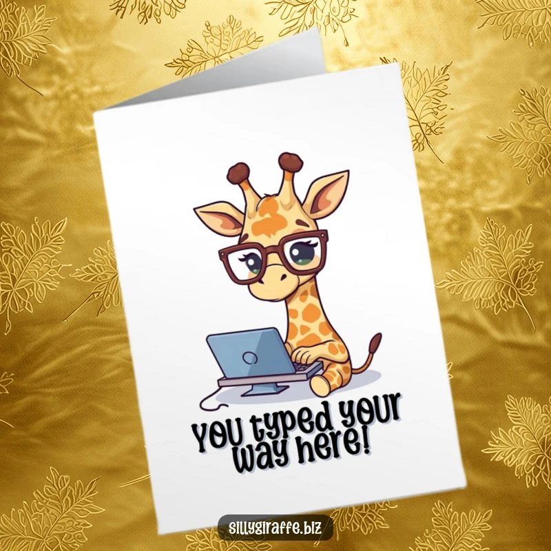 Free Printable Congratulations Card: Adorable giraffe with huge glasses typing rapidly, a funny symbol of hard work and achievement.