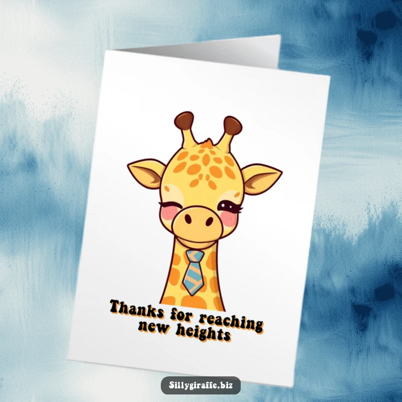 Funny free printable thank you card: A charming kawaii giraffe winking, wearing a small, crooked office tie, conveying thanks.