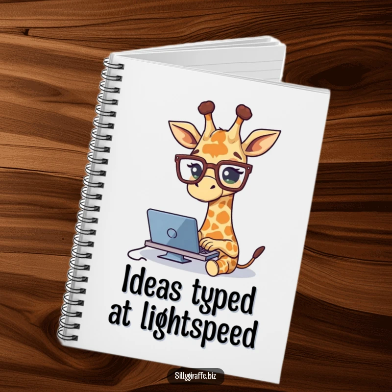Funny notebook showing a cute giraffe with big glasses typing, ideal for notes, journaling, or sketching with a humorous touch.
