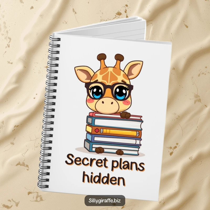 Funny notebook showing a shy giraffe character hiding behind folders, perfect for notes, journaling, or sketching with a humorous touch.
