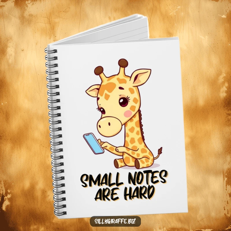 Funny notebook showing an adorable giraffe character comically trying to use a tiny phone, perfect for notes and humorous journaling.