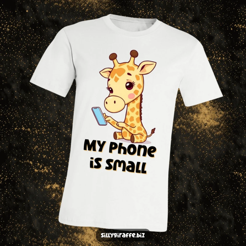 Funny t-shirt showing an adorable giraffe character comically interacting with a miniature phone, humorously illustrating difficulties with small devices.