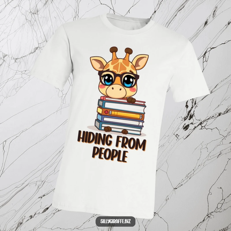 Funny t-shirt depicting a shy giraffe character peeking out from behind a large pile of folders, humorously representing introversion or workload.