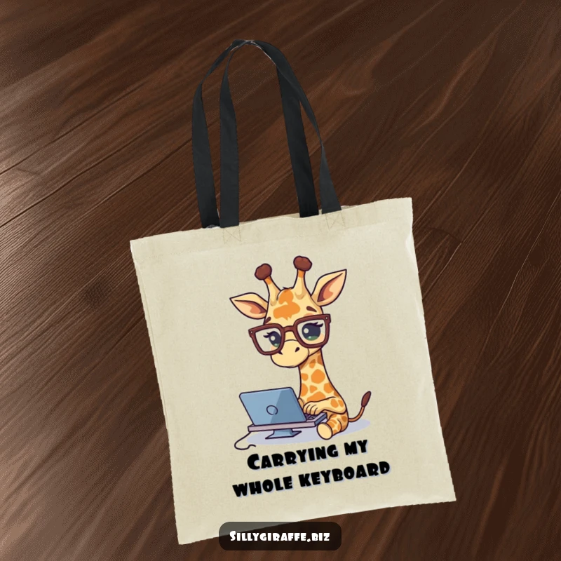 Funny tote bag with a cute giraffe wearing big glasses, typing diligently, a humorous accessory for carrying books or groceries.