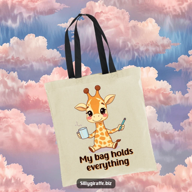 Funny tote bag showcasing a smiling giraffe juggling a coffee cup and a pen, a humorous and functional accessory for daily use.