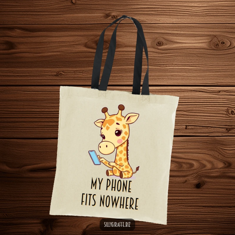 Funny tote bag featuring an adorable giraffe character comically using a tiny phone, a humorous accessory for everyday use.